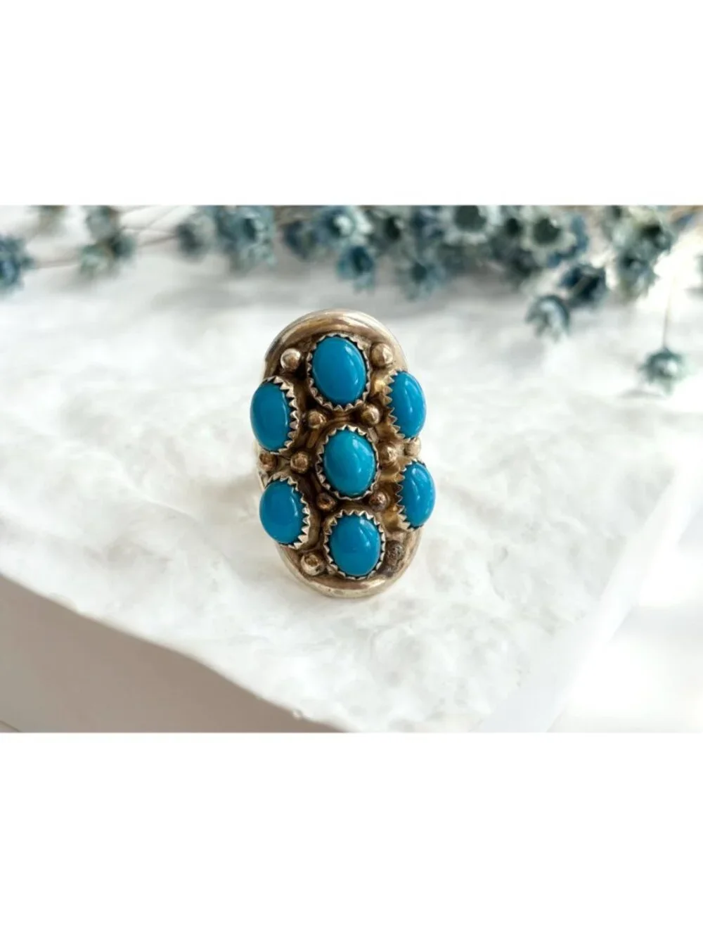 Navajo Sleeping Beauty Turquoise Cluster Sterling Silver 925 Vintage Ring - sz 8